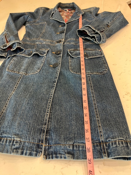 Tommy Hilfiger Y2K Stretch Denim Coat Floral Paisley Lined Long Jacket Size L - Picture 16 of 16